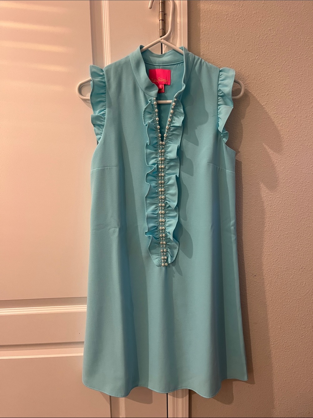 Lilly Pulitzer Turquoise Ruffle Pearl-Trim Sleeveless Dress